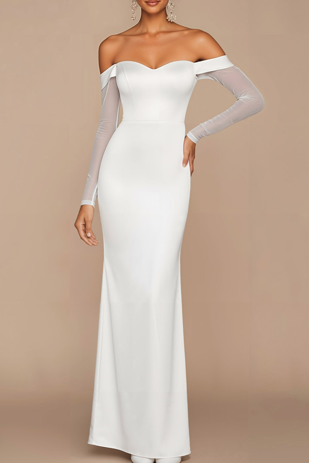 White Formal Dress Sheath Off the Shoulder Long Sleeve Maxi Dress with Slit