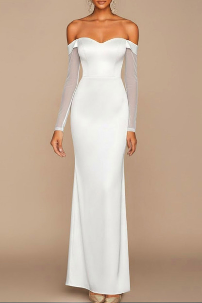 White Formal Dress Sheath Off the Shoulder Long Sleeve Maxi Dress with Slit