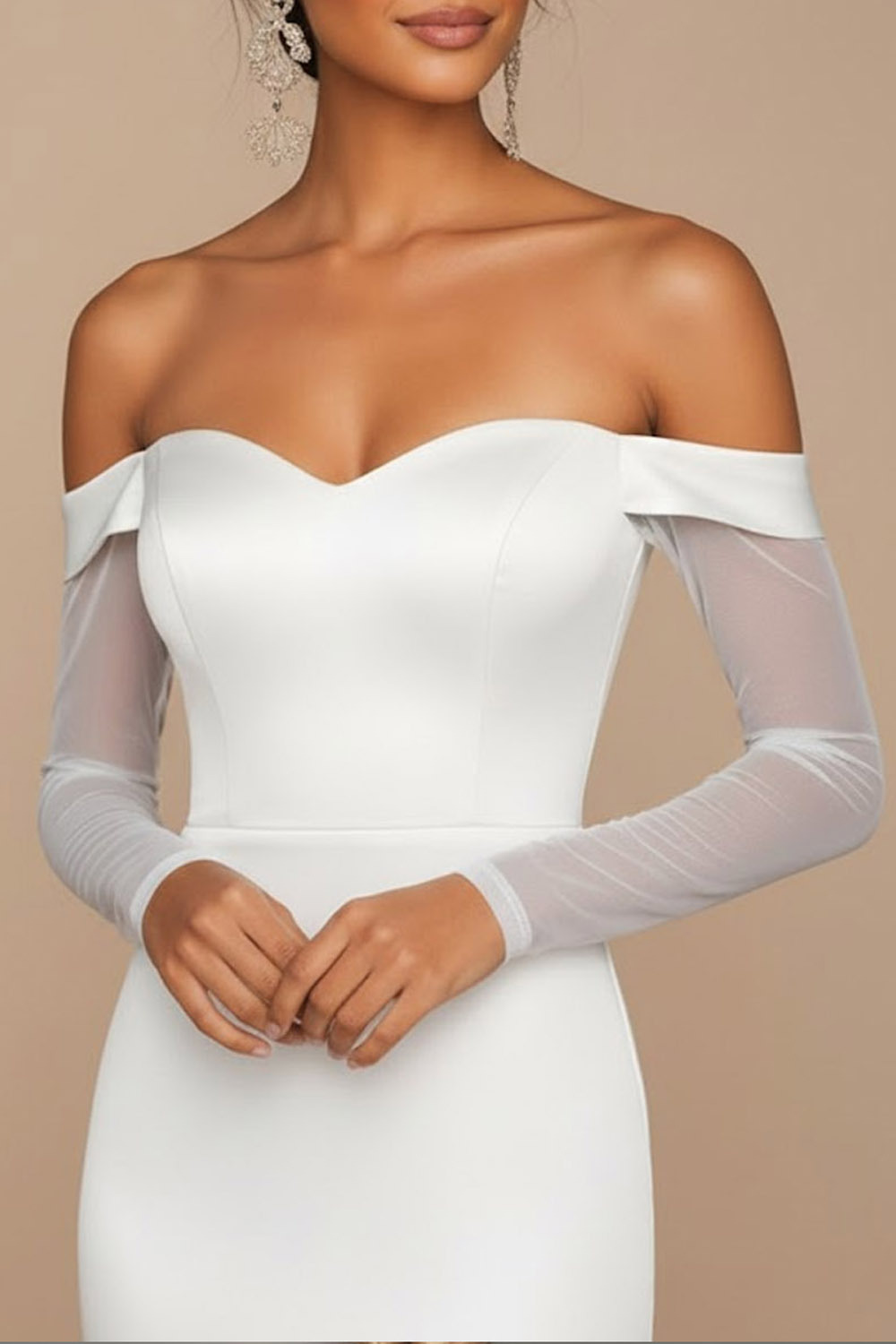 White Formal Dress Sheath Off the Shoulder Long Sleeve Maxi Dress with Slit