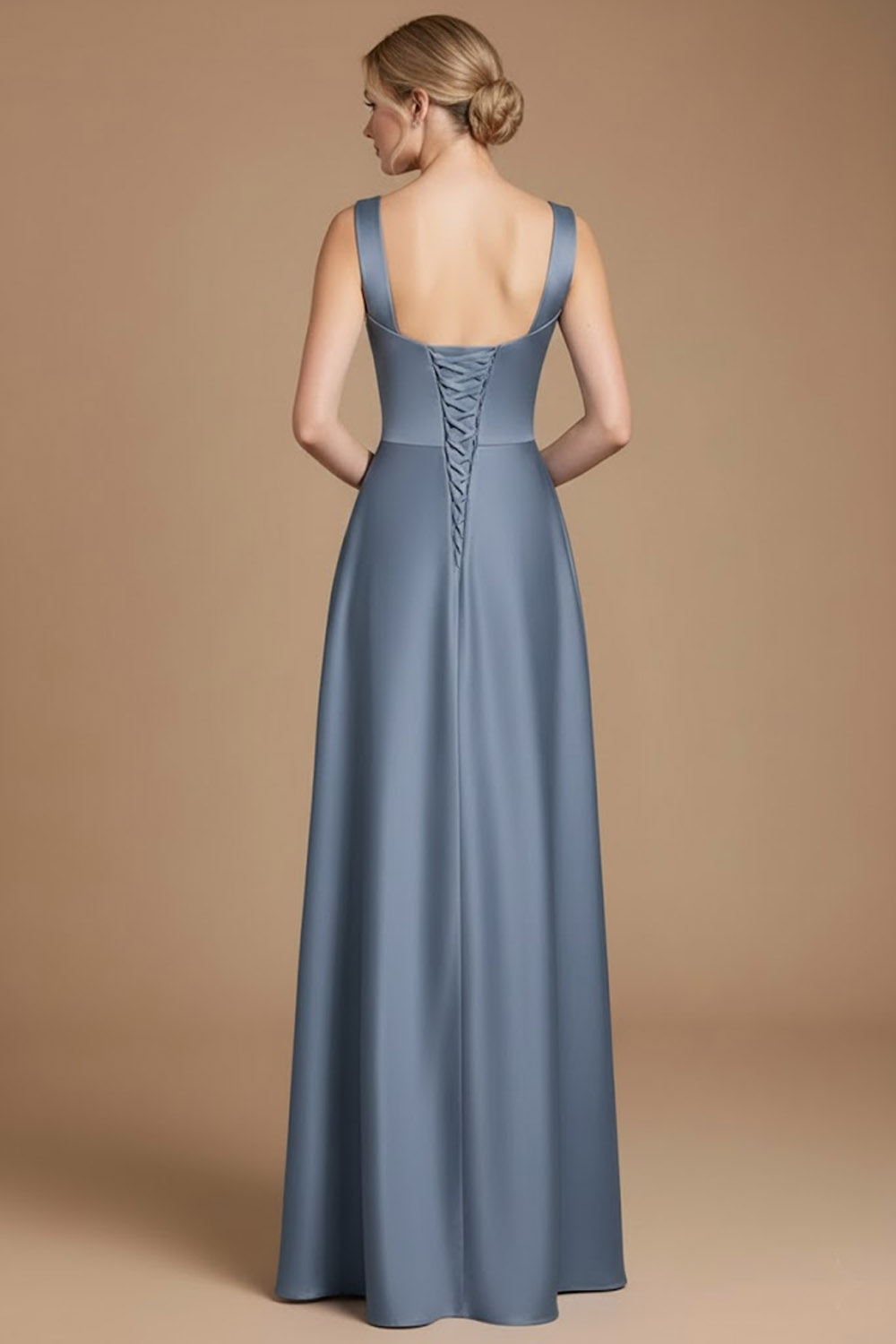 Formal Wedding Guest Dress Dusty Blue Wide Straps Satin Maxi Dress