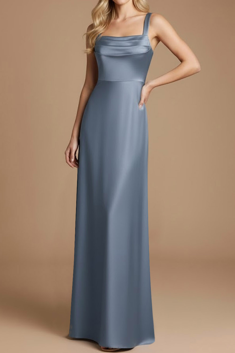 Formal Wedding Guest Dress Dusty Blue Wide Straps Satin Maxi Dress