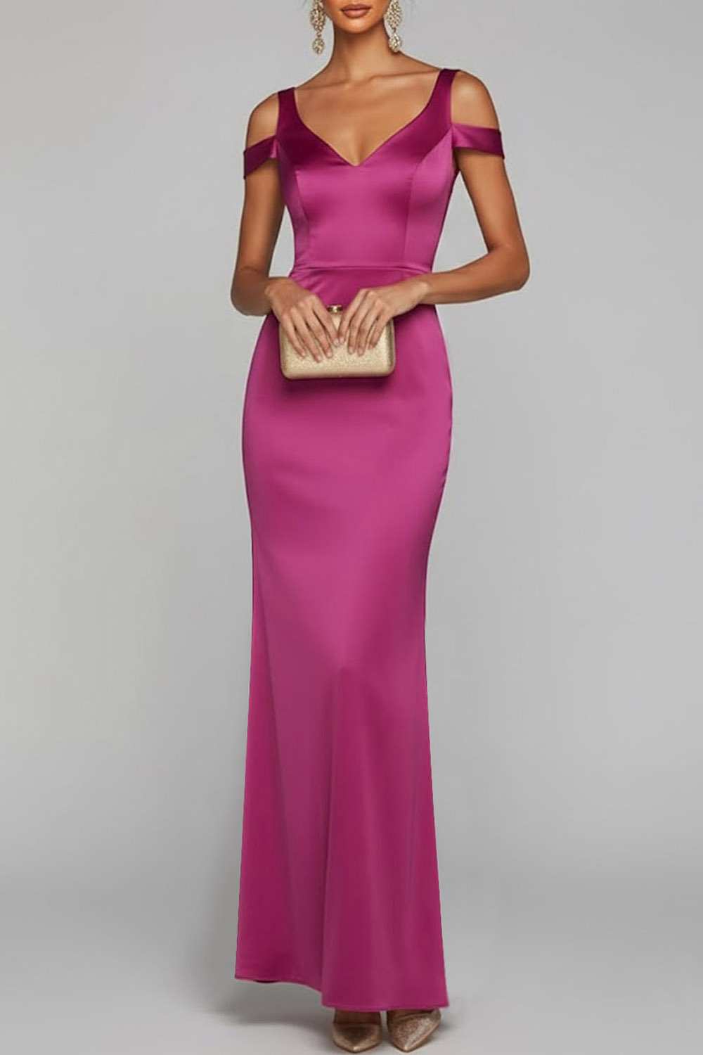Fuchsia Formal Party Dress Cold Shoulder Sheath Satin Maxi Dress