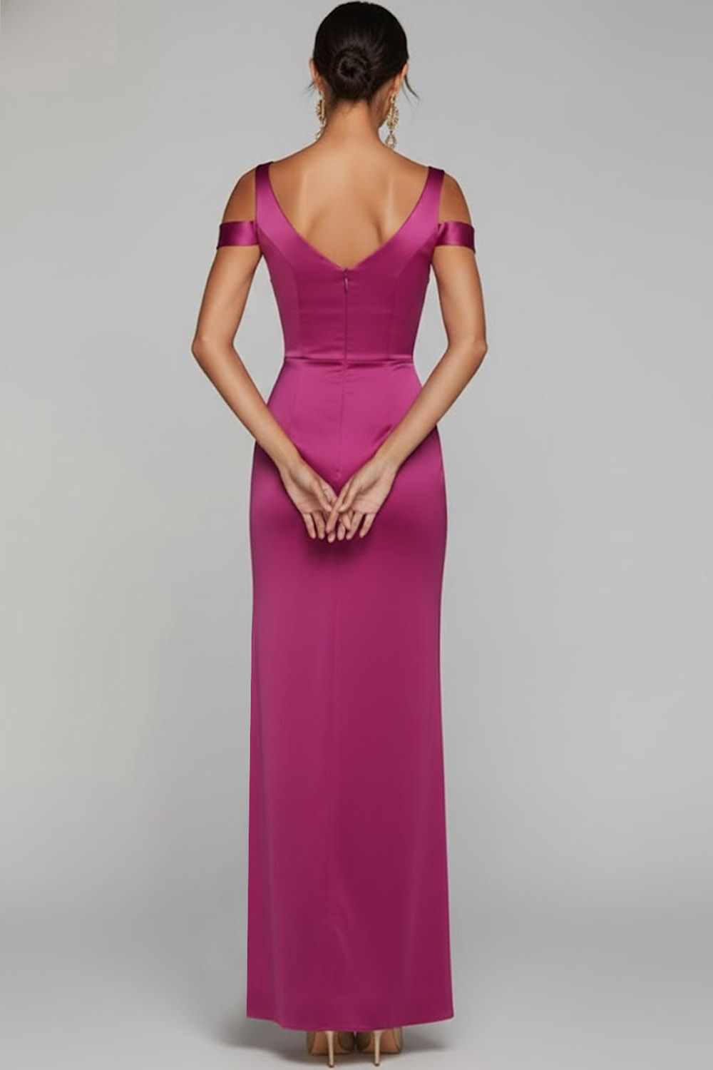 Fuchsia Formal Party Dress Cold Shoulder Sheath Satin Maxi Dress