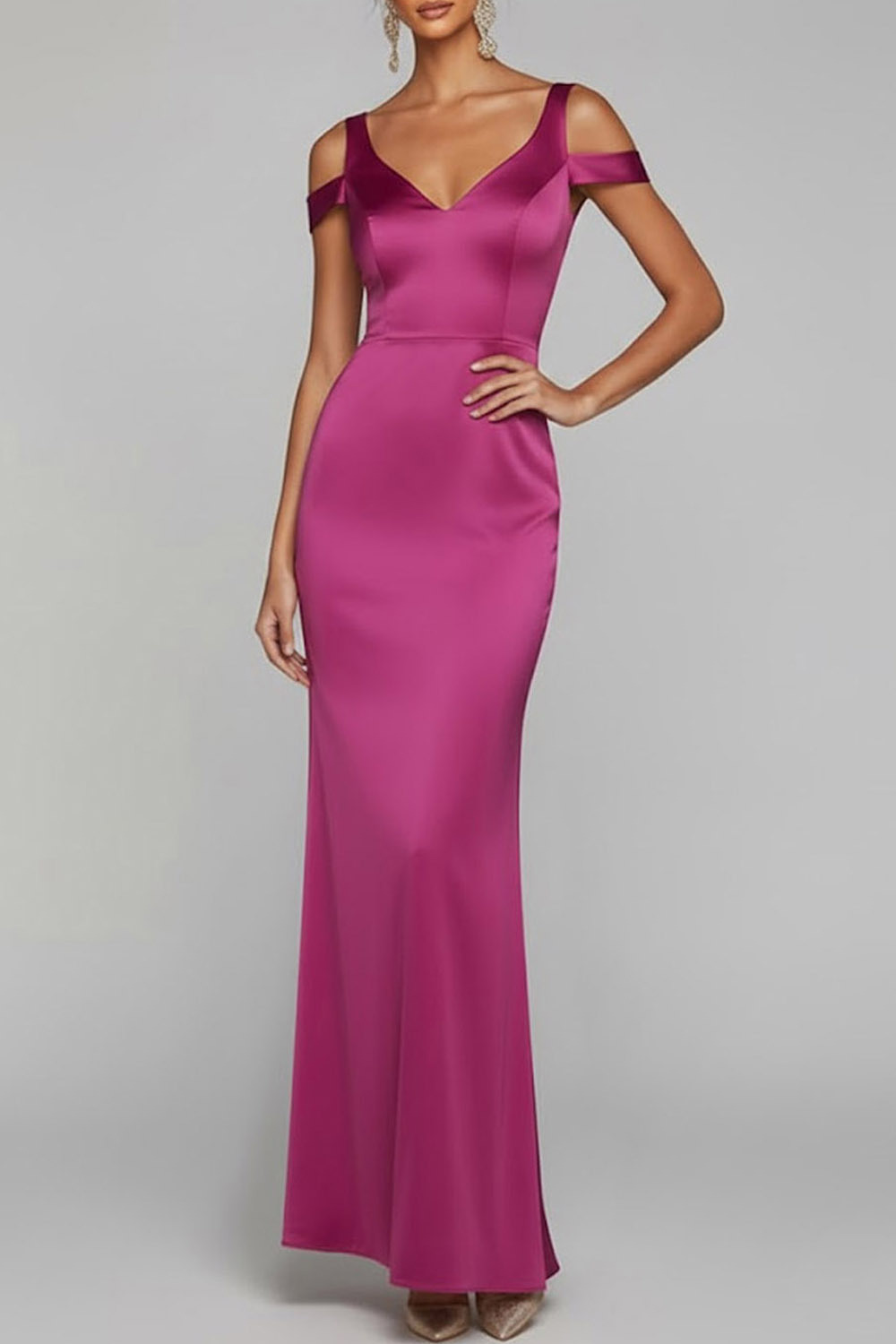 Fuchsia Formal Party Dress Cold Shoulder Sheath Satin Maxi Dress
