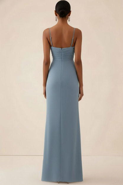 Dusty Blue Formal ​Wedding Bridesmaid Dress Spaghetti Straps Slit Maxi Dress