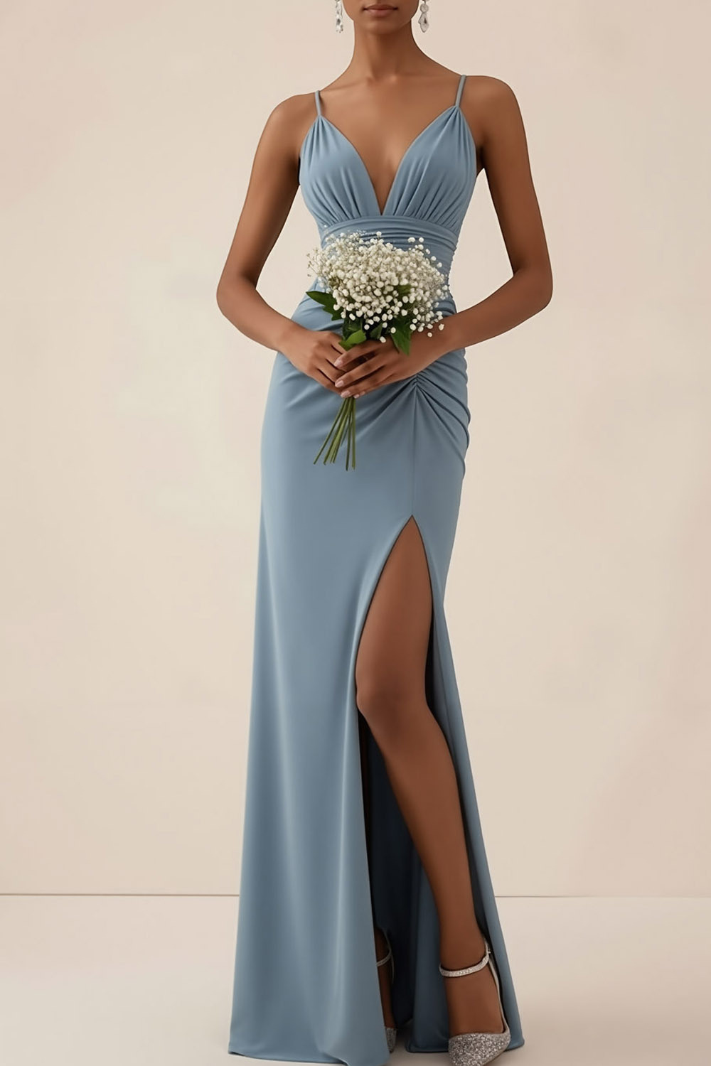 Dusty Blue Formal ​Wedding Bridesmaid Dress Spaghetti Straps Slit Maxi Dress