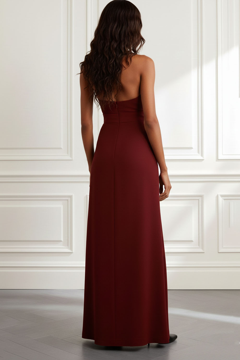 Burgundy Formal ​Wedding Bridesmaid Dress Halter Ruched Maxi Dress