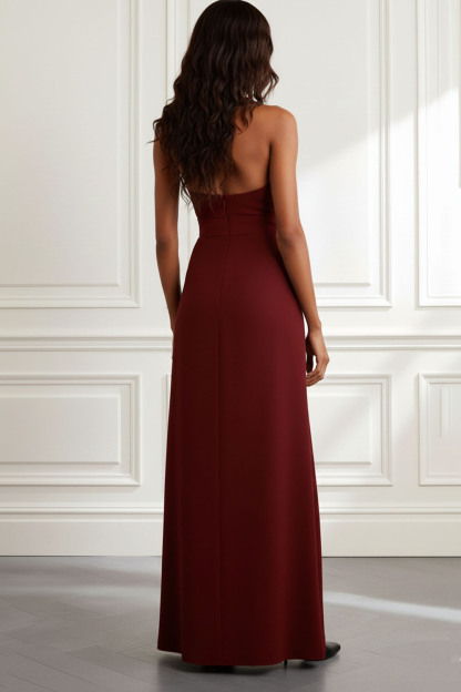Burgundy Formal ​Wedding Bridesmaid Dress Halter Ruched Maxi Dress