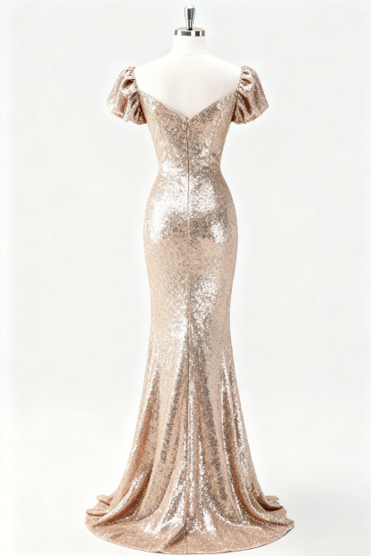 Formal Party Dress Mermaid Champagne Puff Sleeve Sequin Maxi Dress 