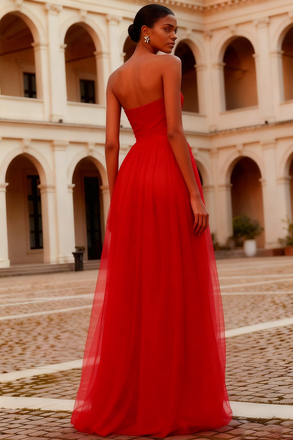 Formal Party Dress Red A-Line Strapless Chiffon Maxi Dress