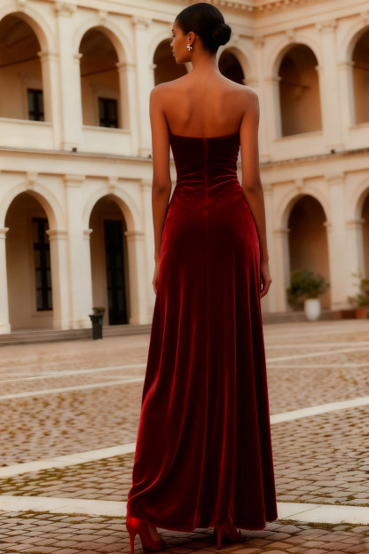 Evening Formal Dress Burgundy Sweetheart Velvet Maxi Dress 