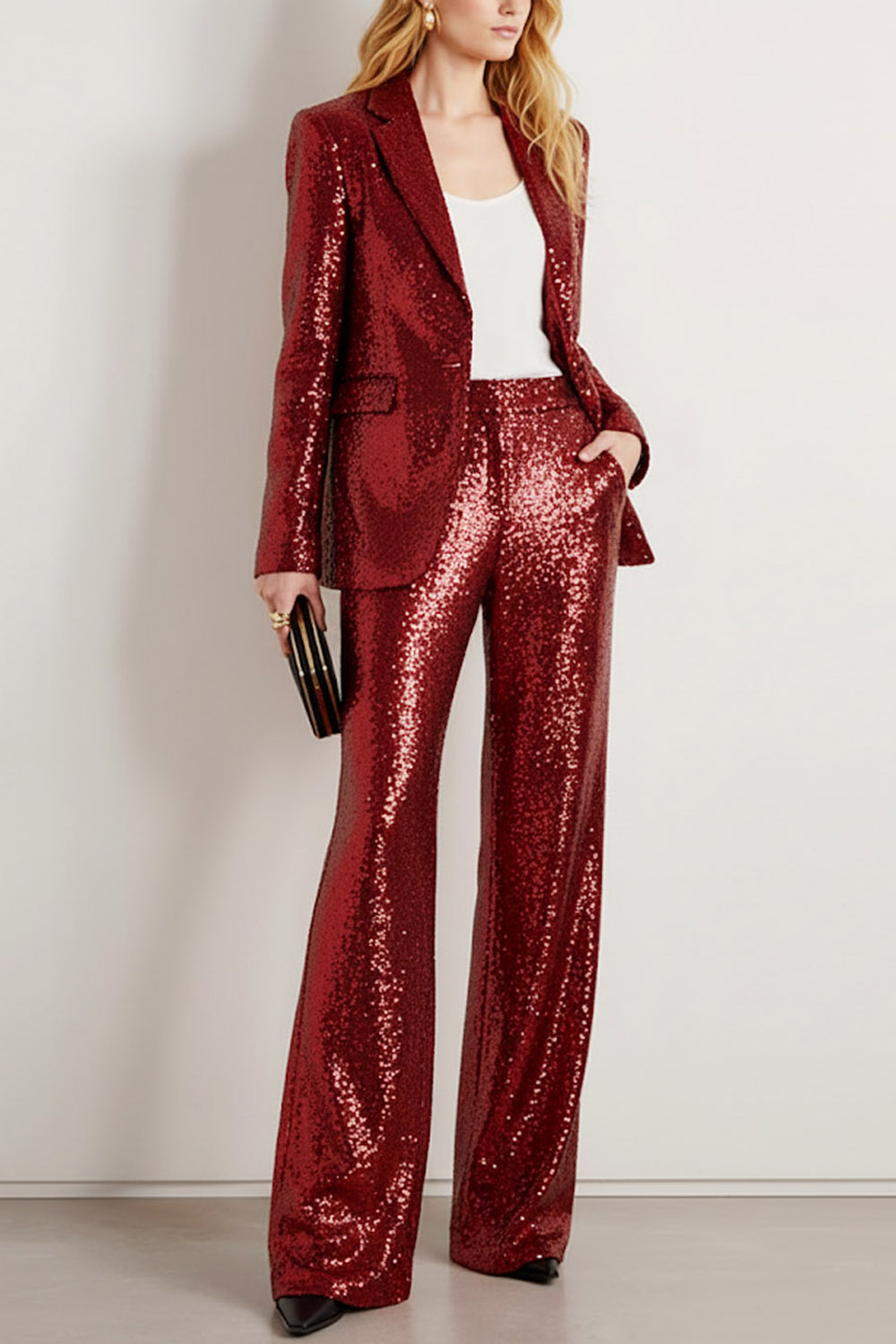 Party Blazer Suit Sets Champagne Lapel Long Sleeve Sequin Pants Set