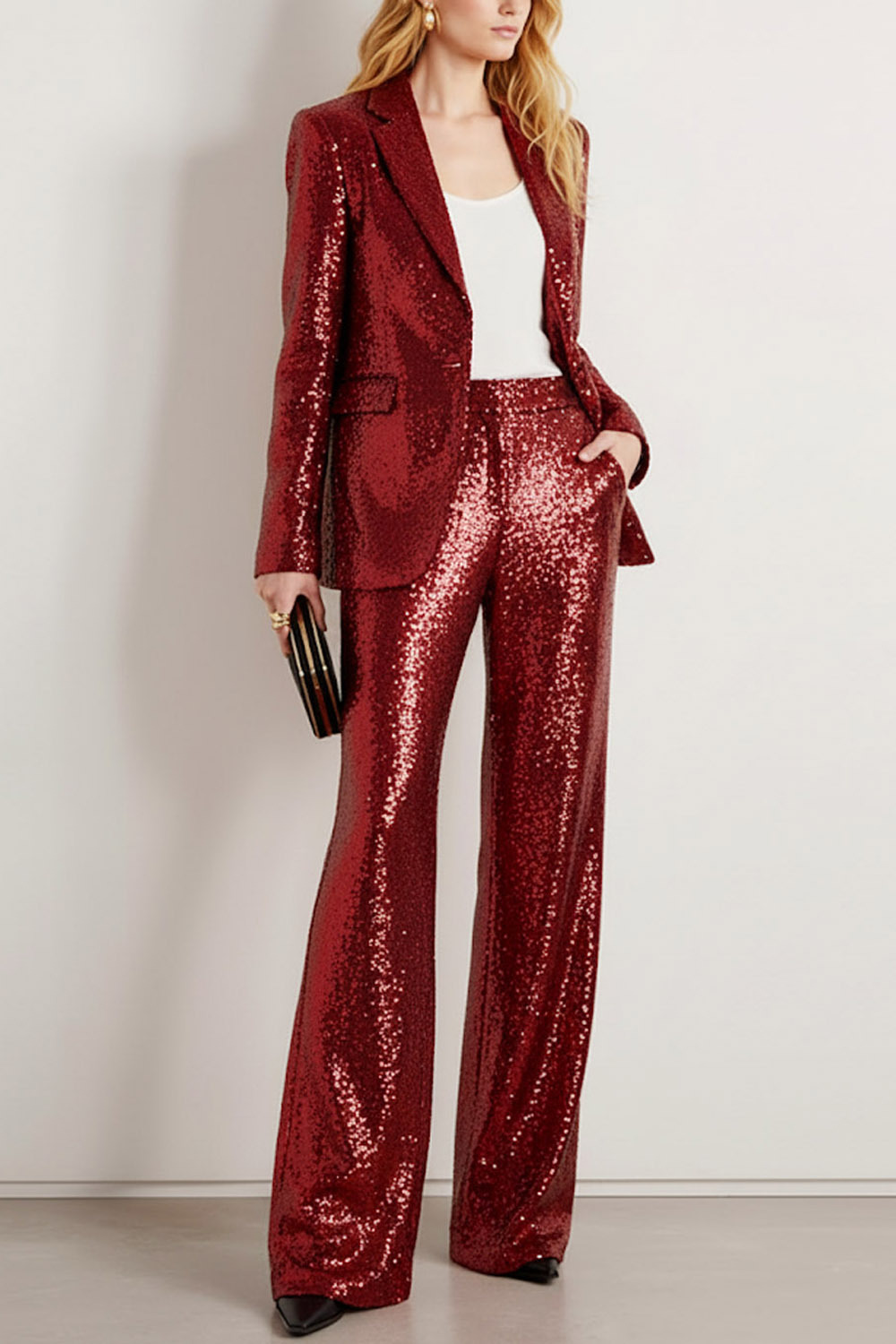 Party Blazer Suit Sets Champagne Lapel Long Sleeve Sequin Pants Set