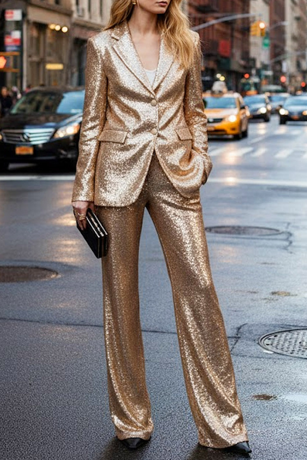 Party Blazer Suit Sets Champagne Lapel Long Sleeve Sequin Pants Set