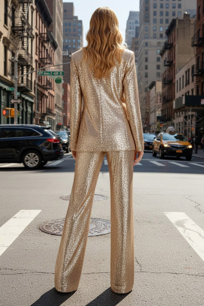 Party Blazer Suit Sets Champagne Lapel Long Sleeve Sequin Pants Set