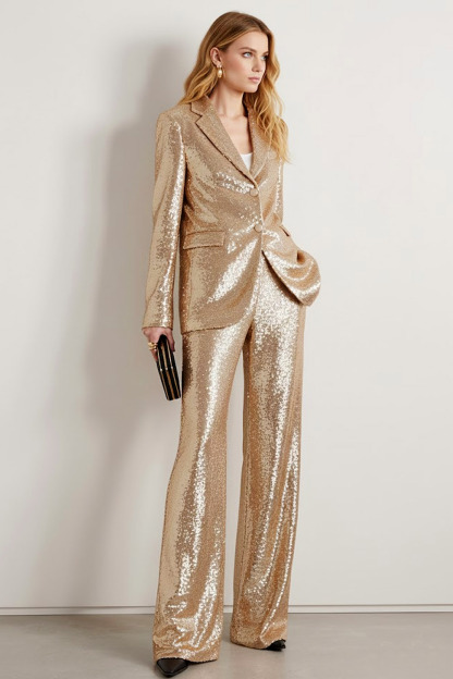 Party Blazer Suit Sets Champagne Lapel Long Sleeve Sequin Pants Set