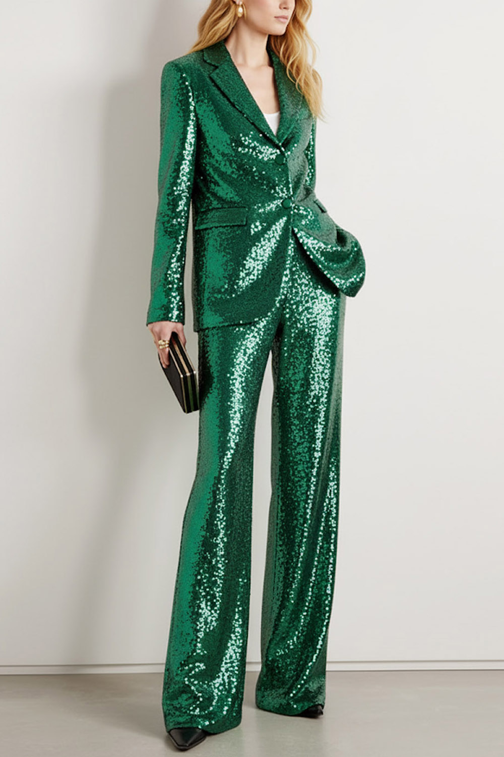 Party Blazer Suit Sets Champagne Lapel Long Sleeve Sequin Pants Set