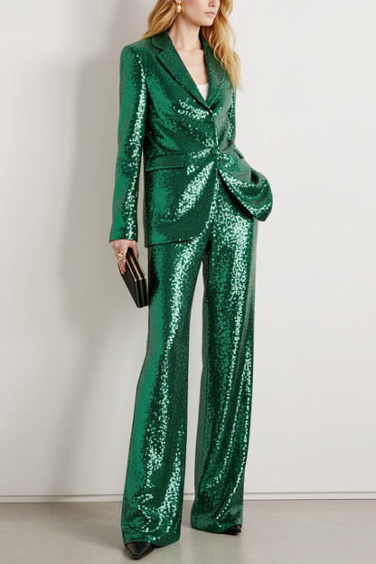 Party Blazer Suit Sets Champagne Lapel Long Sleeve Sequin Pants Set