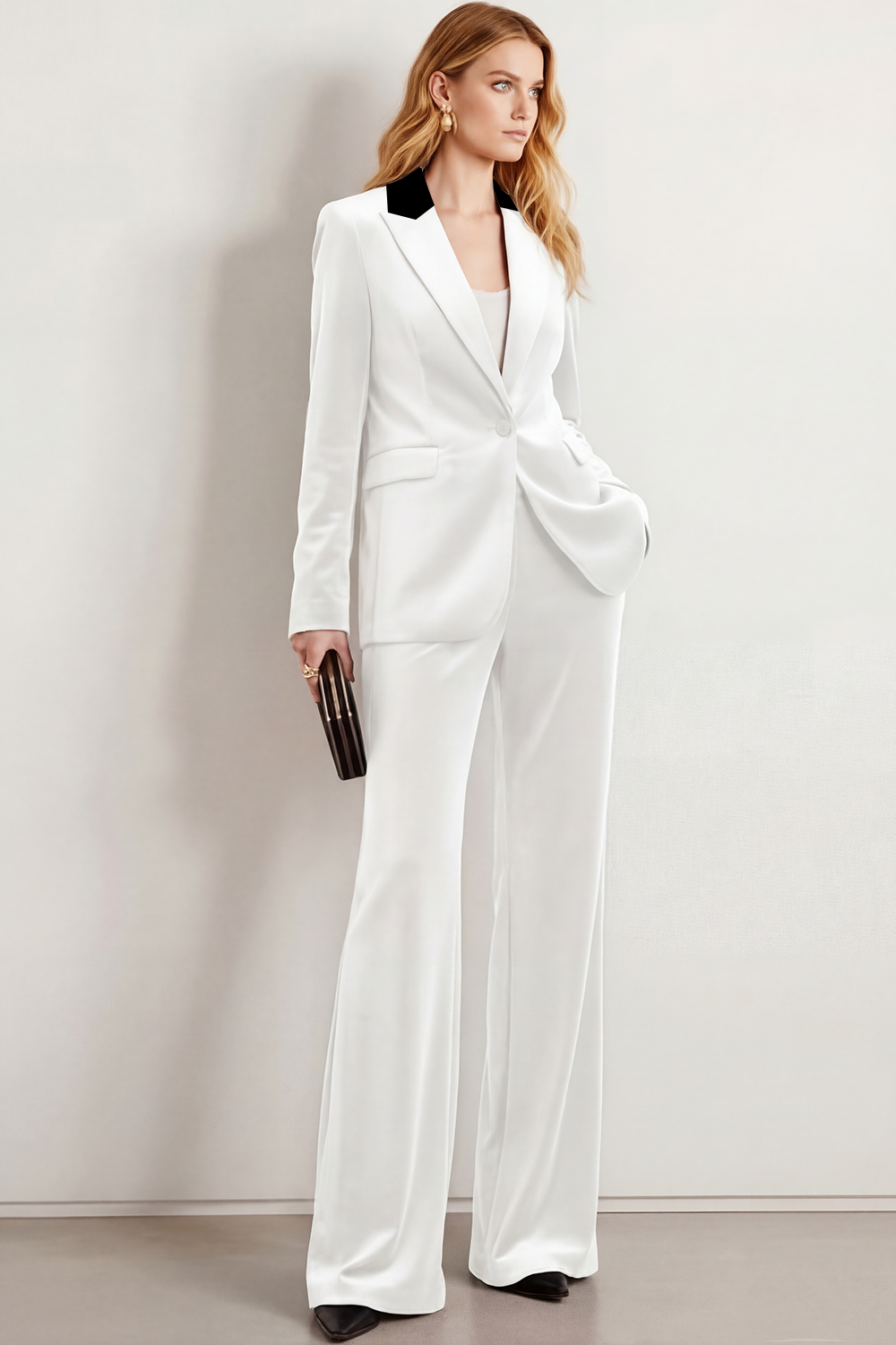 Formal Work Pants Suit Navy Lapel Long Sleeve Velvet Blazer Set