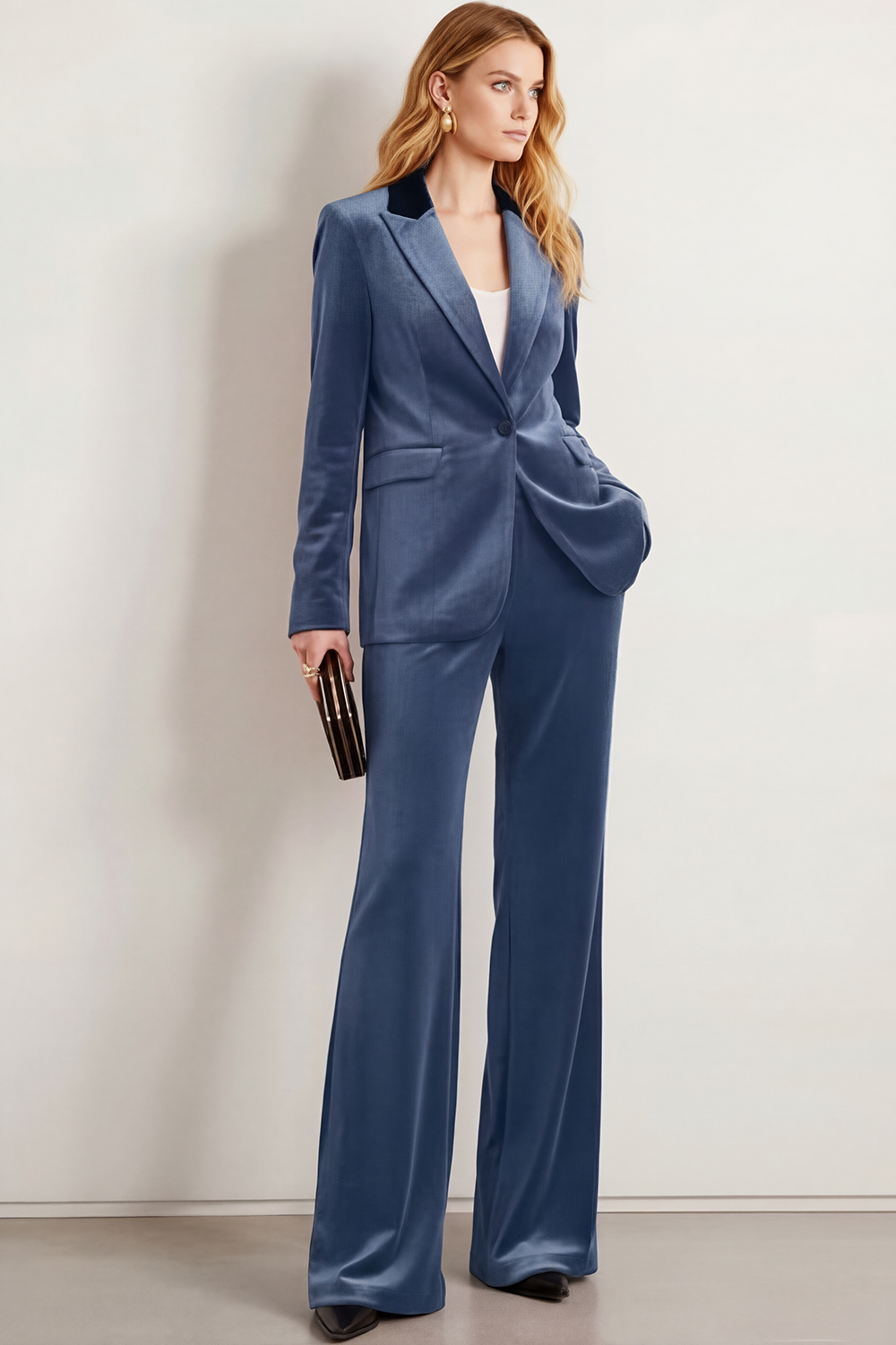 Formal Work Pants Suit Navy Lapel Long Sleeve Velvet Blazer Set