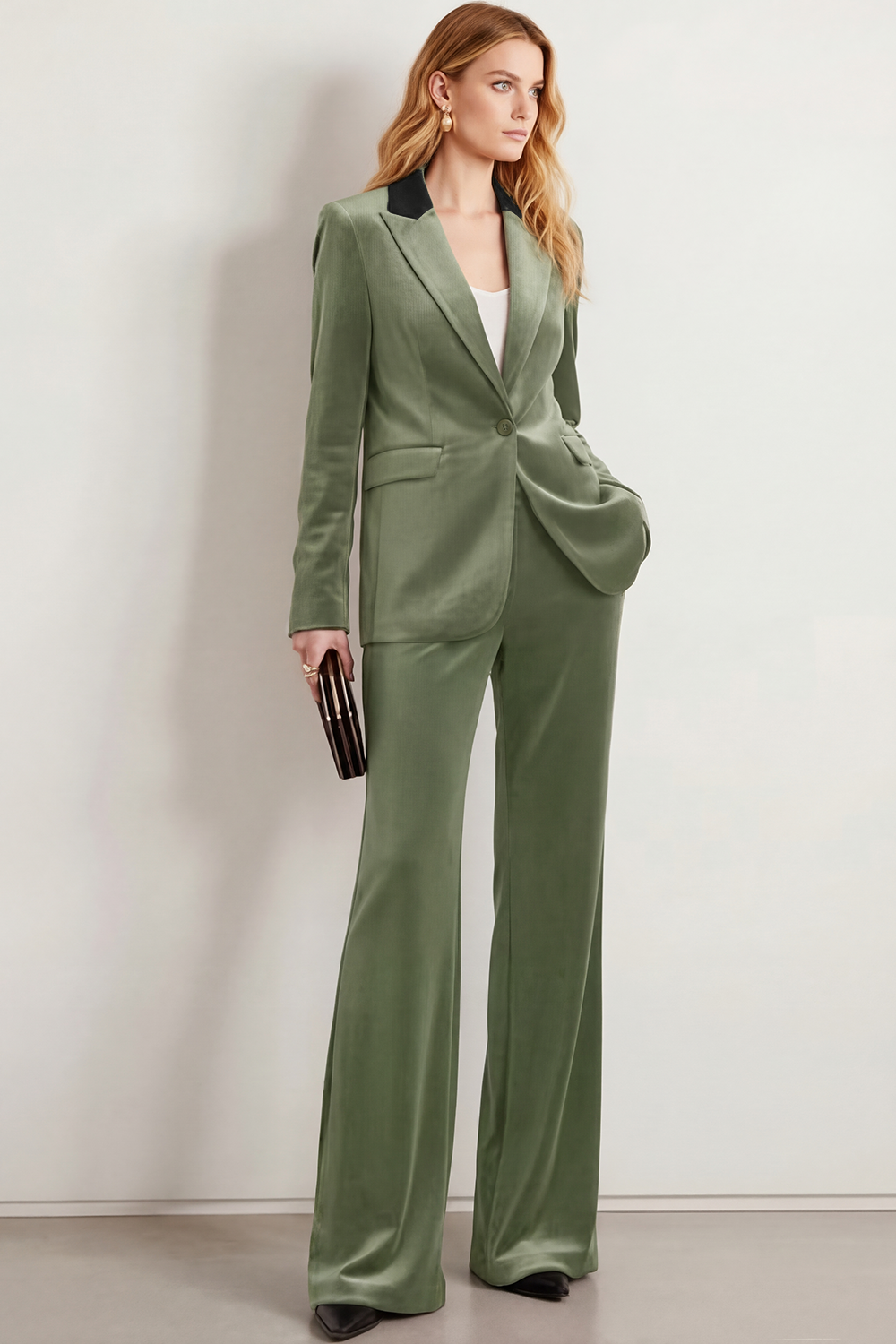 Formal Work Pants Suit Navy Lapel Long Sleeve Velvet Blazer Set