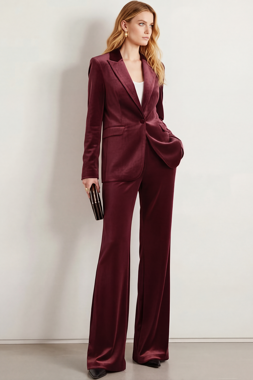 Formal Work Pants Suit Navy Lapel Long Sleeve Velvet Blazer Set