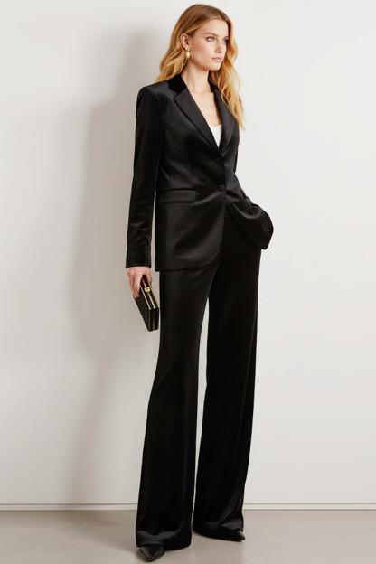 Formal Work Pants Suit Navy Lapel Long Sleeve Velvet Blazer Set