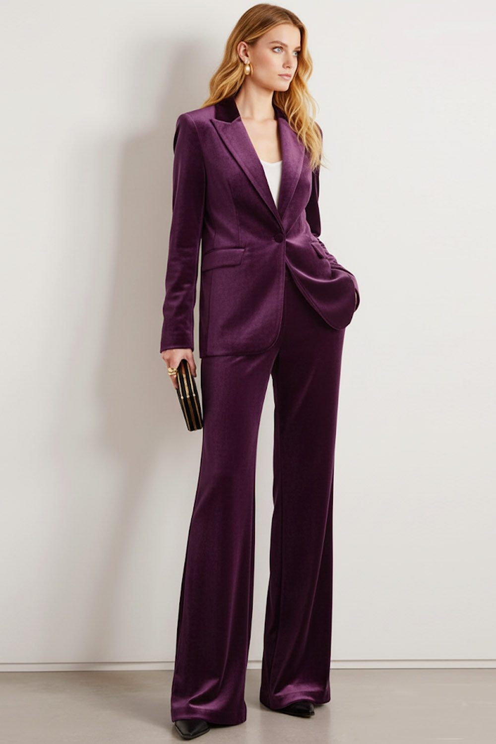 Formal Work Pants Suit Navy Lapel Long Sleeve Velvet Blazer Set