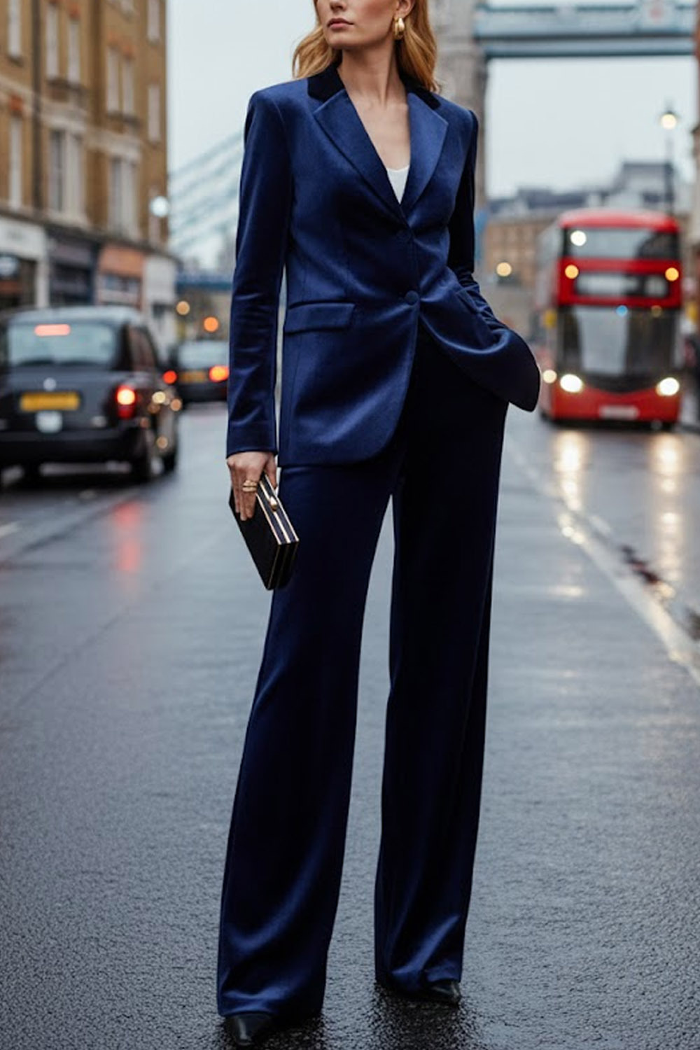 Formal Work Pants Suit Navy Lapel Long Sleeve Velvet Blazer Set