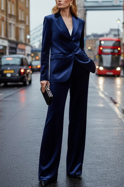 Formal Work Pants Suit Navy Lapel Long Sleeve Velvet Blazer Set