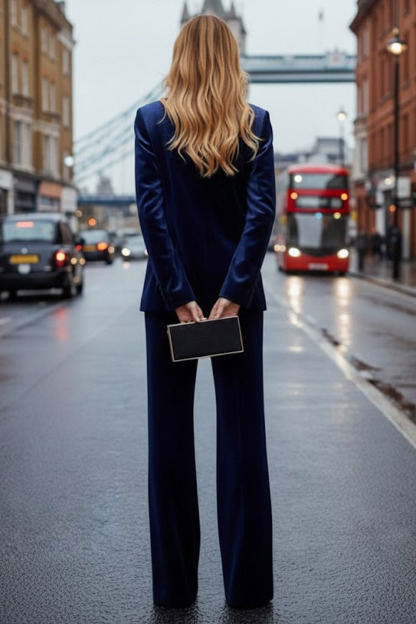 Formal Work Pants Suit Navy Lapel Long Sleeve Velvet Blazer Set