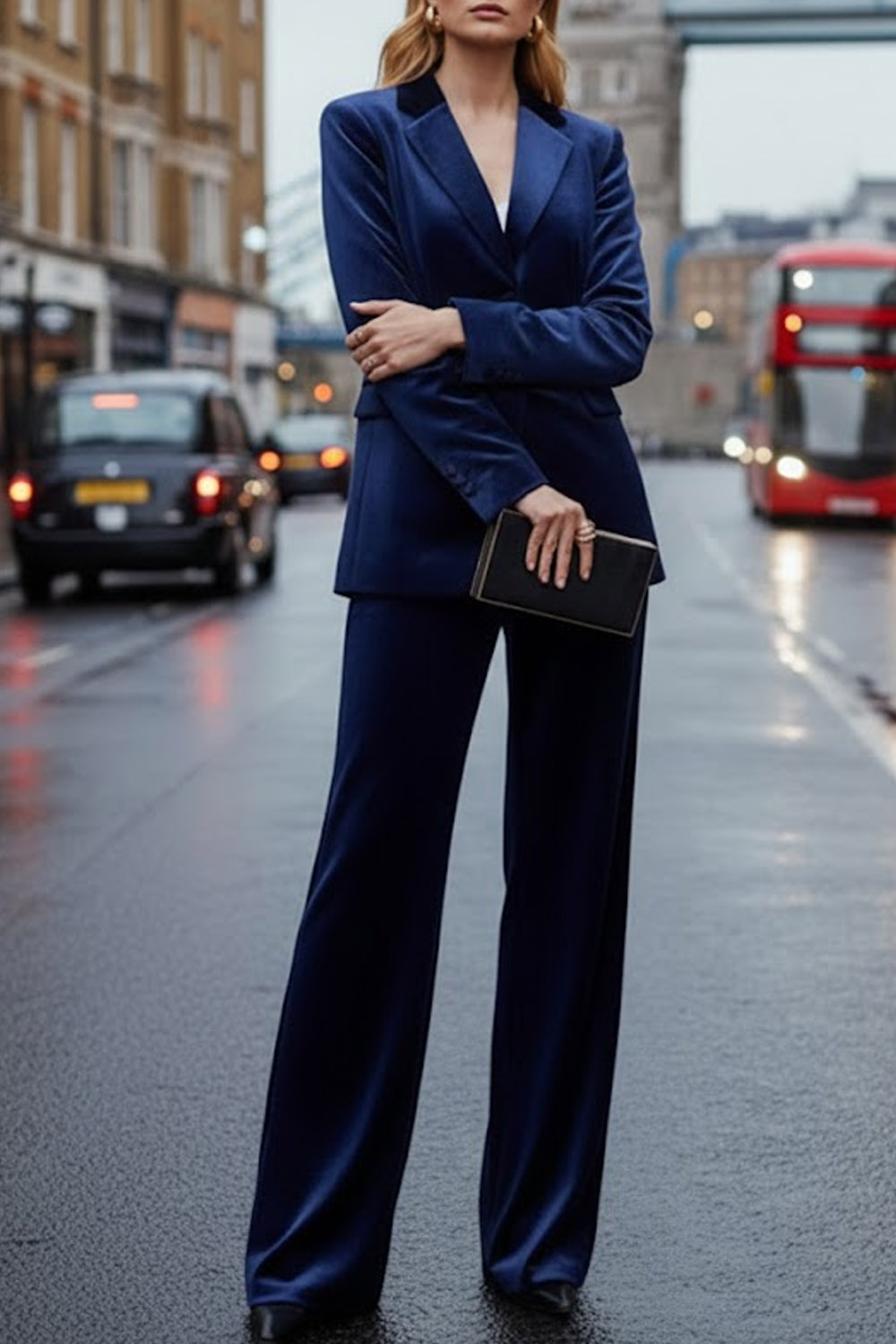 Formal Work Pants Suit Navy Lapel Long Sleeve Velvet Blazer Set