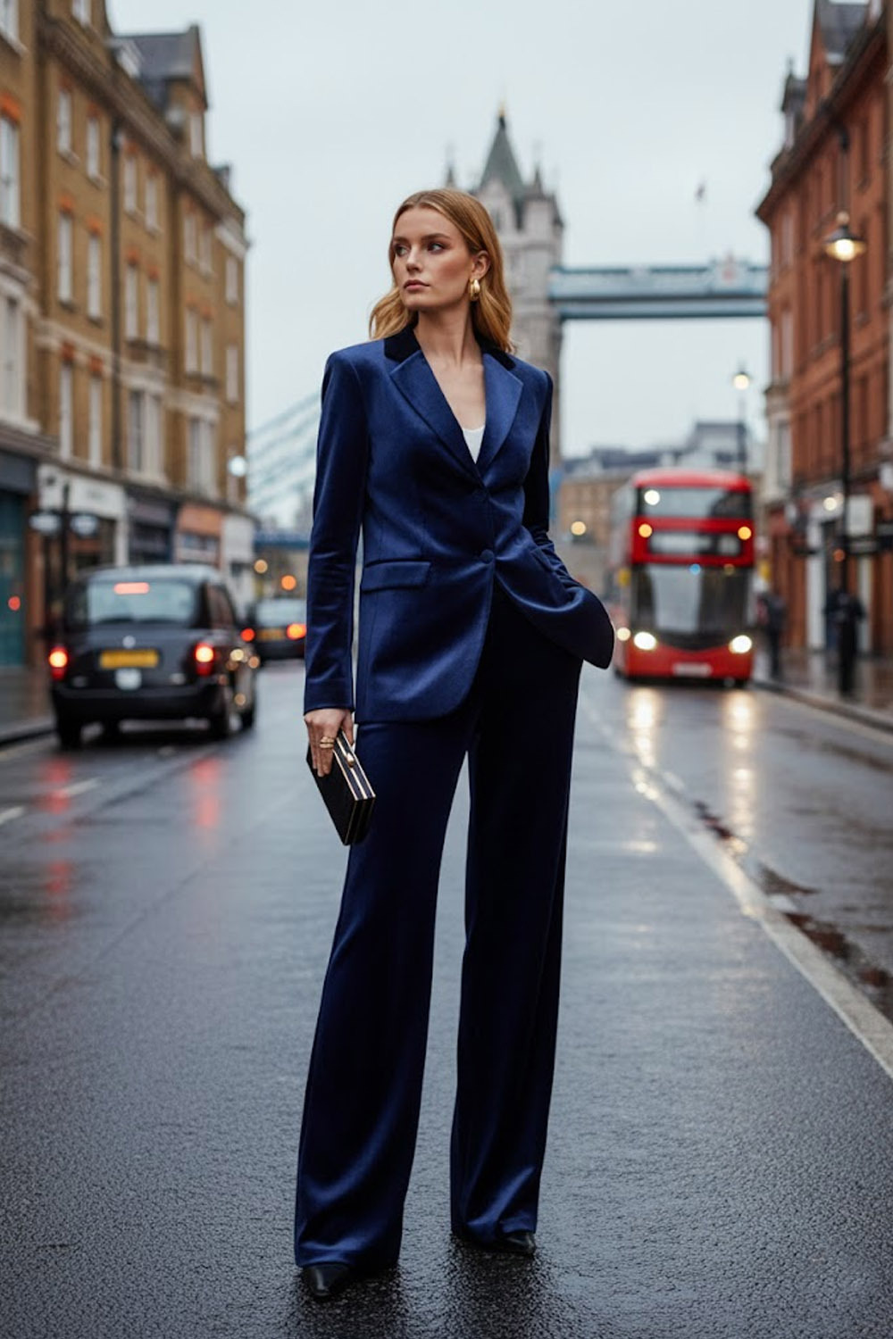 Formal Work Pants Suit Navy Lapel Long Sleeve Velvet Blazer Set