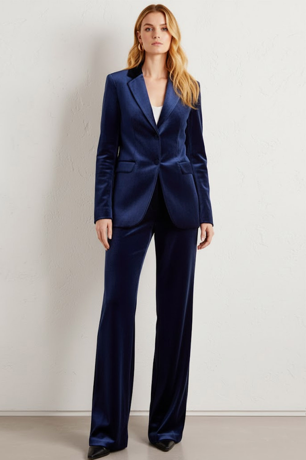 Formal Work Pants Suit Navy Lapel Long Sleeve Velvet Blazer Set