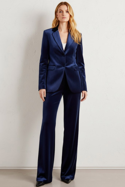 Formal Work Pants Suit Navy Lapel Long Sleeve Velvet Blazer Set