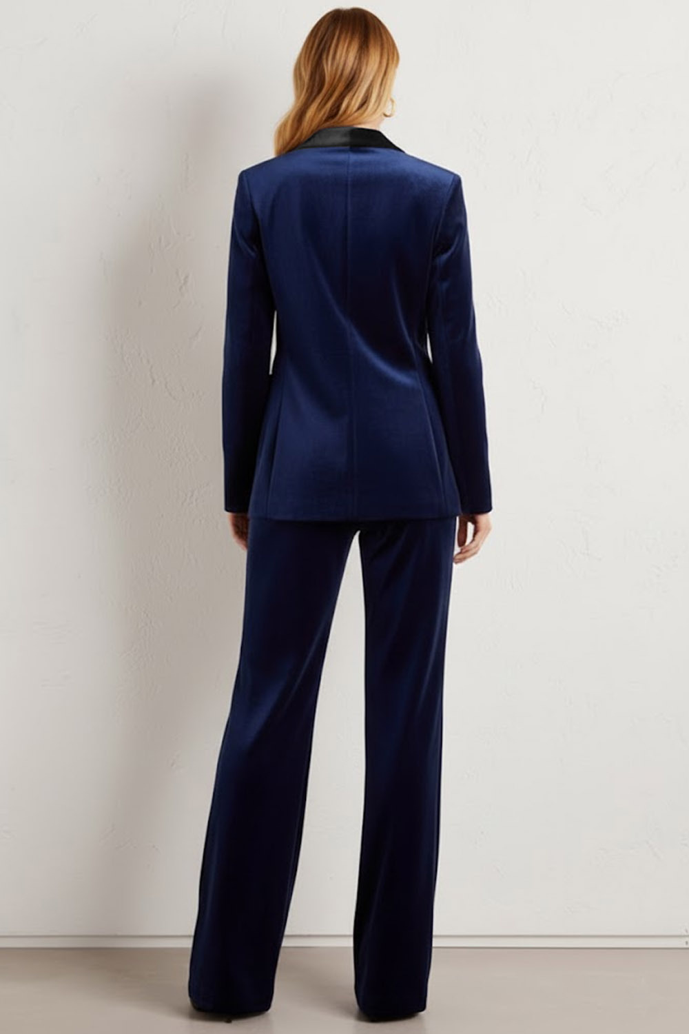 Formal Work Pants Suit Navy Lapel Long Sleeve Velvet Blazer Set