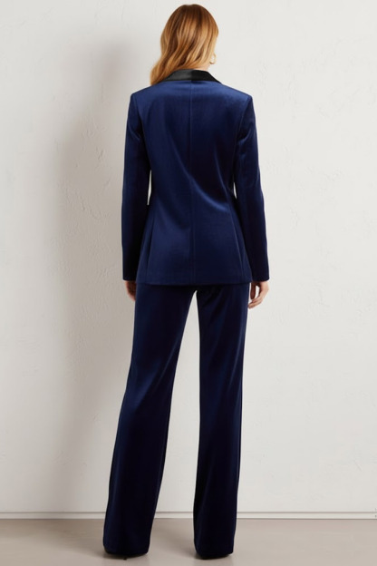 Formal Work Pants Suit Navy Lapel Long Sleeve Velvet Blazer Set
