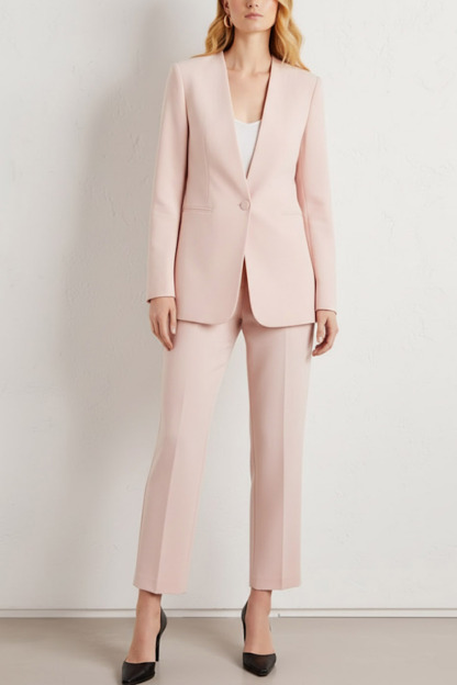 Formal Work Pants Suit Light Pink V-Neck Long Sleeve Blazer Set