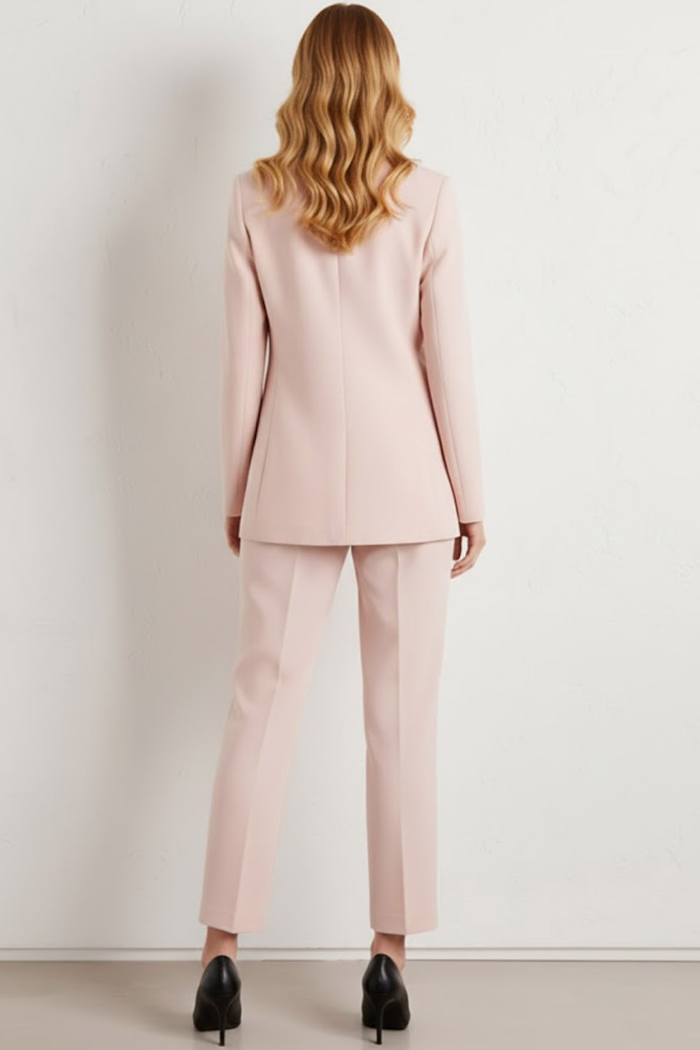 Formal Work Pants Suit Light Pink V-Neck Long Sleeve Blazer Set