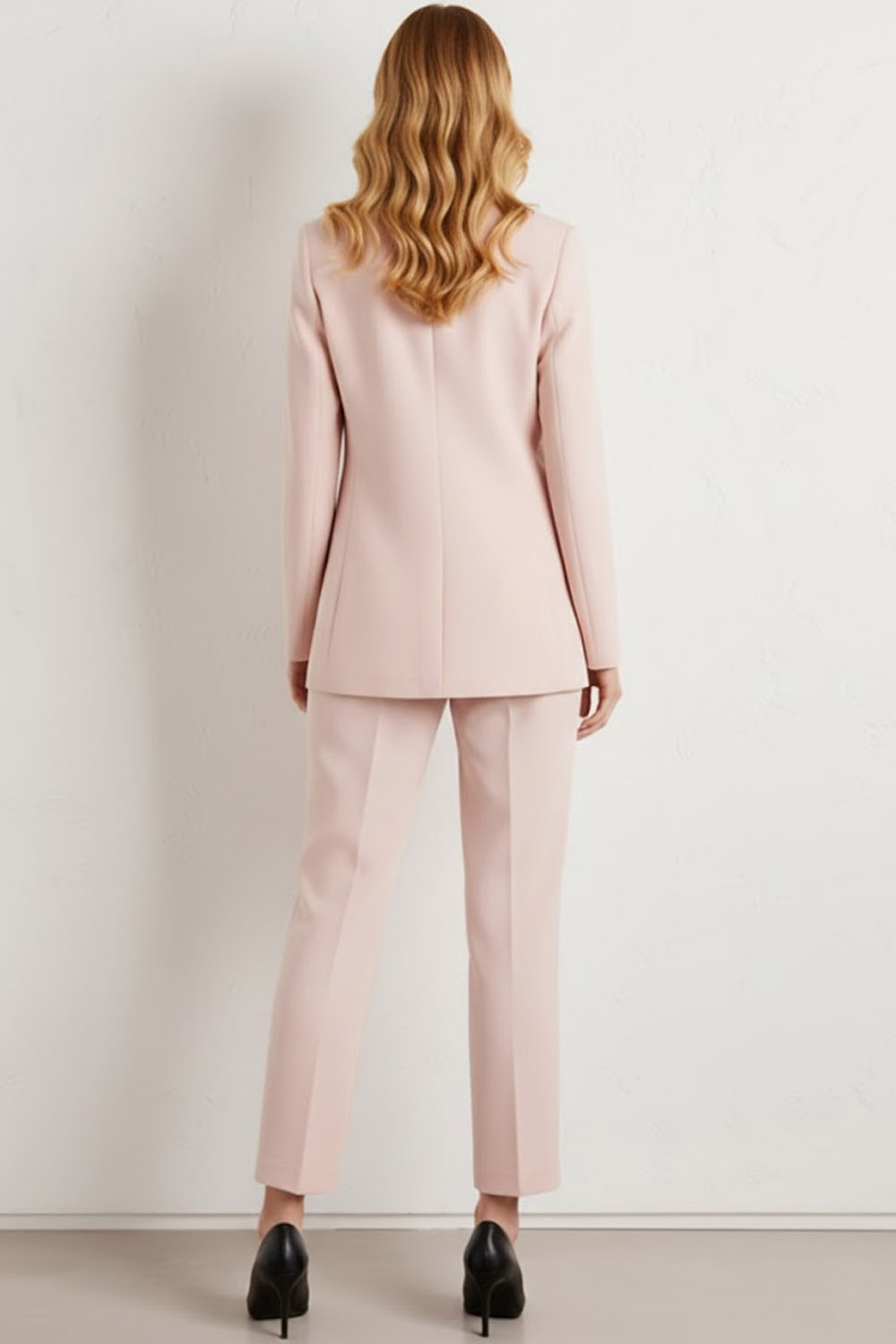 Formal Work Pants Suit Light Pink V-Neck Long Sleeve Blazer Set