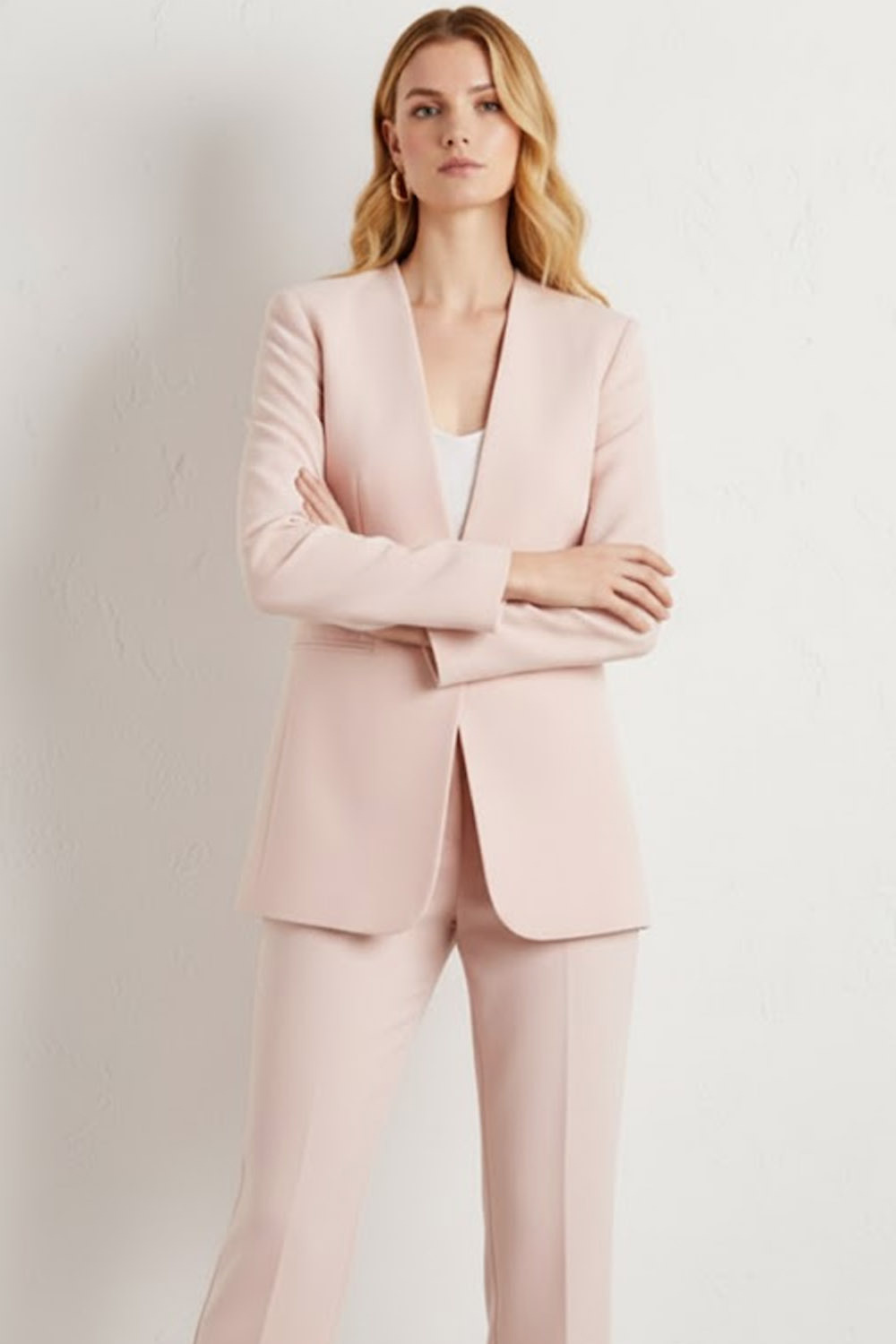 Formal Work Pants Suit Light Pink V-Neck Long Sleeve Blazer Set