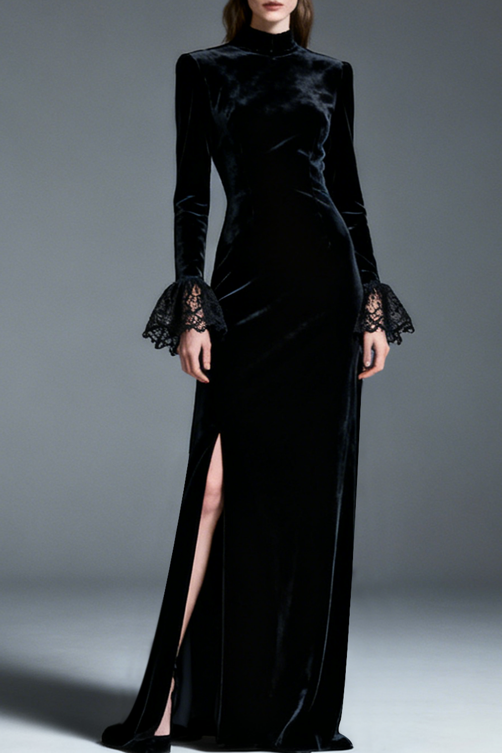 Black Formal Dress Sheath High Neck Velvet Maxi Dress with Slit