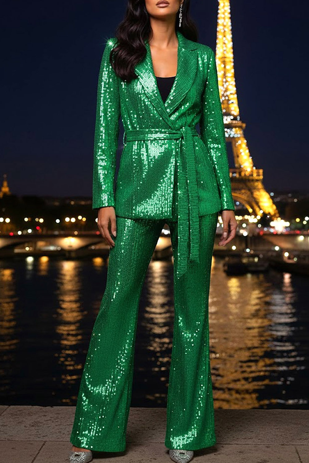 Party Blazer Suit Sets Champagne Lapel Belted Sequin Pants Set