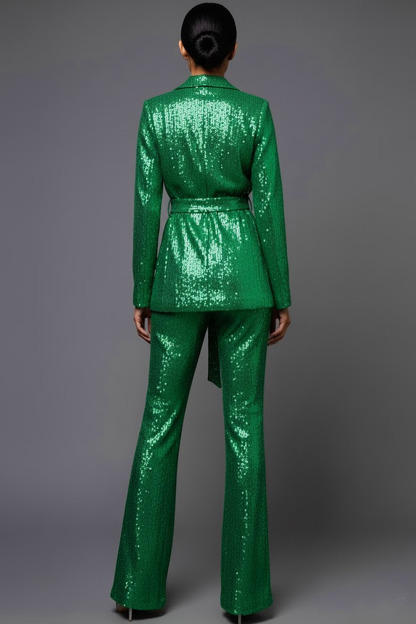 Party Blazer Suit Sets Champagne Lapel Belted Sequin Pants Set