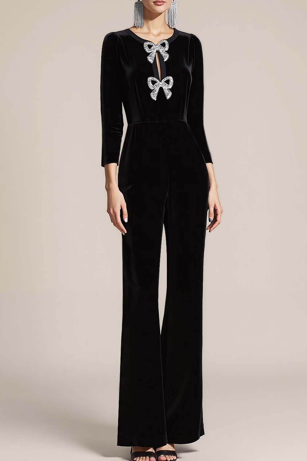 Black Formal Jumpsuit Velvet Long Sleeve Jumpsuit with Bowknot