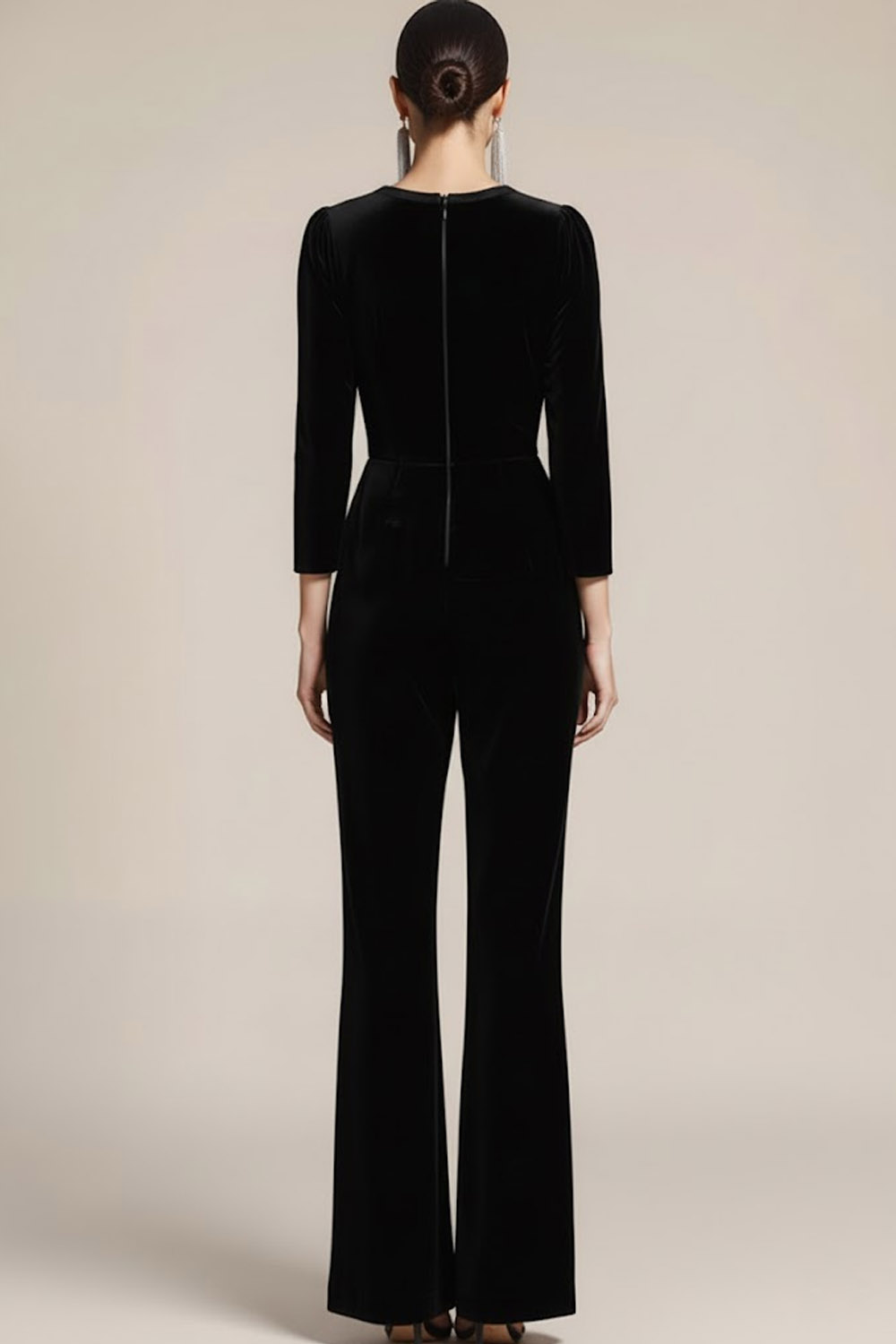 Black Formal Jumpsuit Velvet Long Sleeve Jumpsuit with Bowknot