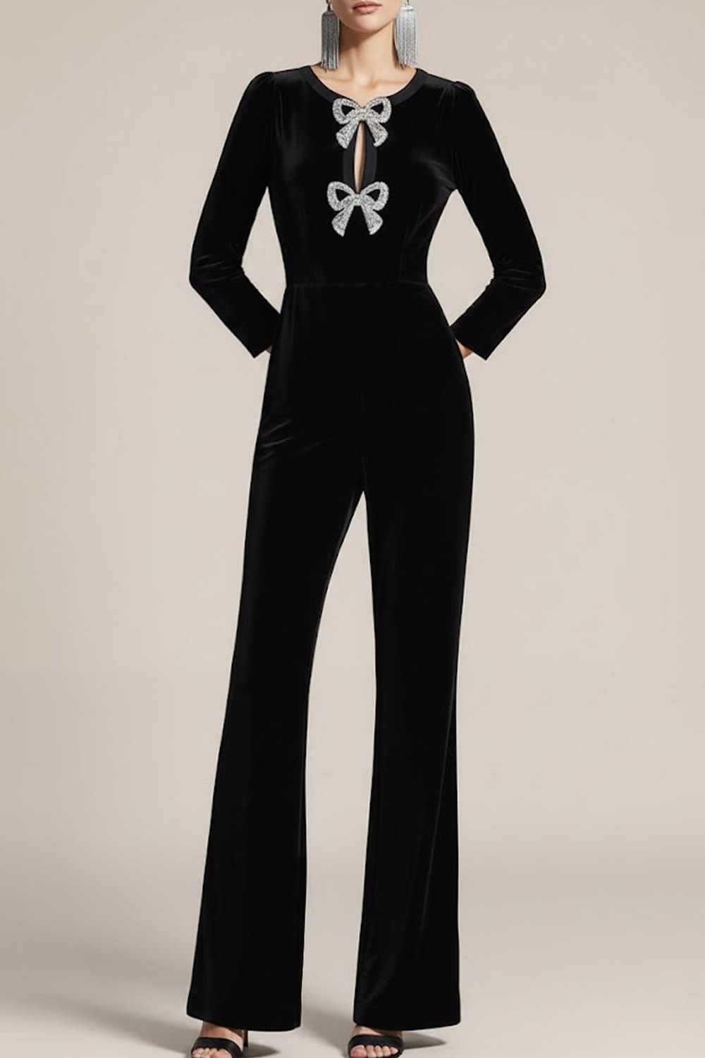 Black Formal Jumpsuit Velvet Long Sleeve Jumpsuit with Bowknot