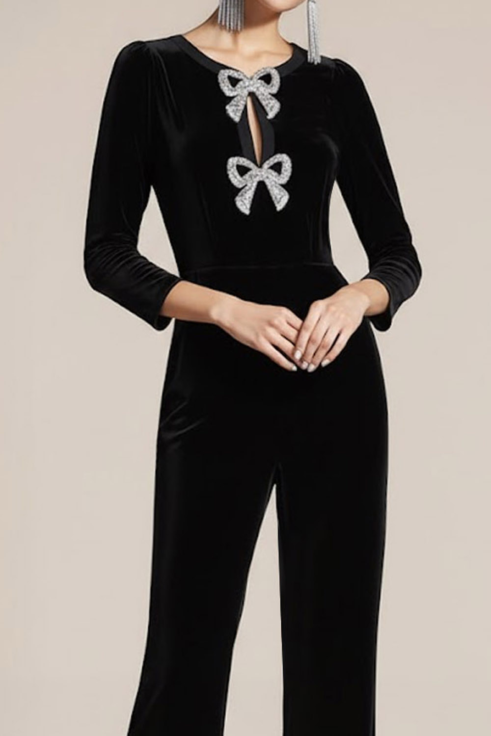 Black Formal Jumpsuit Velvet Long Sleeve Jumpsuit with Bowknot
