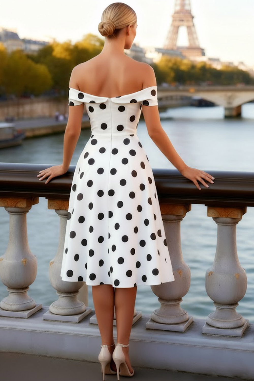 White Formal Dress A-Line Off the Shoulder Polka Dot Midi Dress 