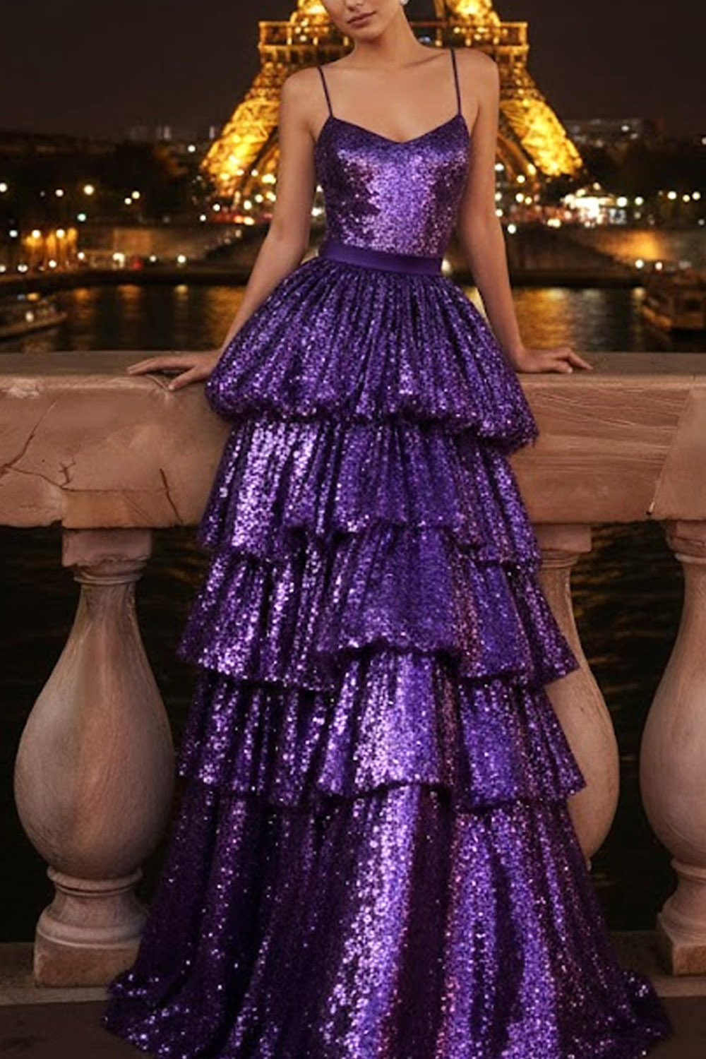 Purple Prom Dress Spaghetti Straps Sequin Tiered Layer Dress Maxi Gown